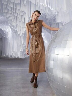 Unity Brown PU Faux Leather Sleeveless Button Front Belted Midi Dress Size M